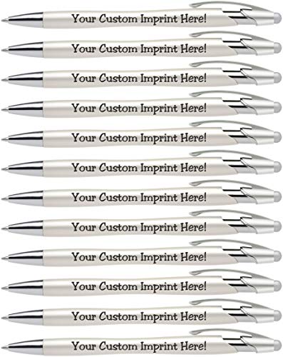 Custom Pens with Stylus - The Pearl - Personalized Metallic Printed Name Pens with Black Ink - Imprinted with Logo or Message - Great Gift Ideas - FREE PERSONALIZATION 12 pack (Silver)