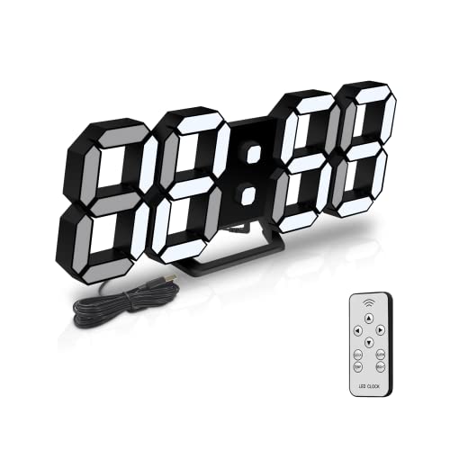 Deeyaple Led Digital Alarm Clock 3D Small Wall Clock Snooze Dimmable Time Memory 12/24 Date Temperature Remote Control Night Light Office Kitchen Living Room Bedroom (9.7 Inch, Black)