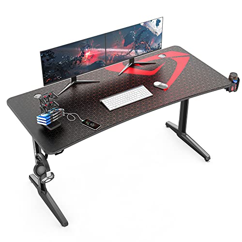 DESIGNA 60 inch Gaming Desk, Large Curved Computer Desk with Full Mouse Pad, T-Shaped Professional Gamer Studio Table for 3 Monitors with USB Handle Rack Cup Holder Headphone Hook, Carbon Fiber Black