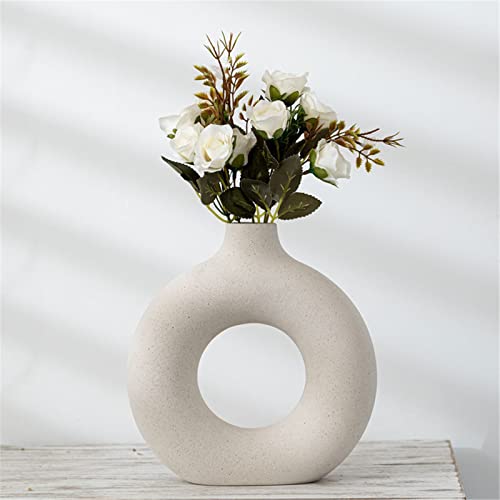 DHYXZCA White Circle Ceramic Vase for Decor, Circular Matte ​Hollow Donut Flower Vases Decorative Minimalist Modern Nordic Boho Style for Home Living Room Office Bedroom Table (H7.5'' × W7.1'')