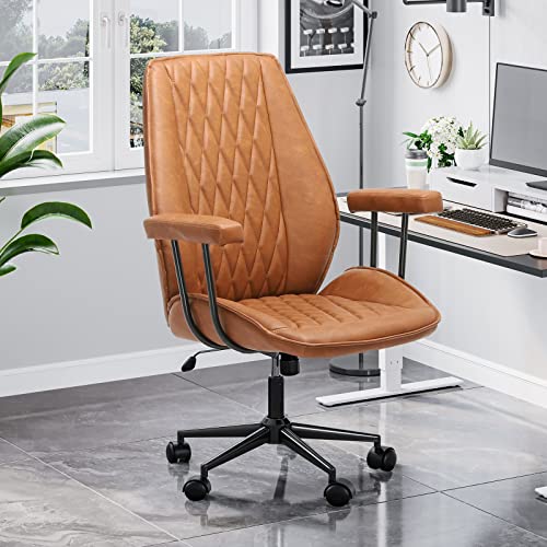 DICTAC Leather Home Office Chair Brown Desk Chair with Removable Armrest, Mid Century Modern Office Chair with Wheels, Capacity 400lbs