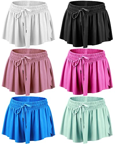 Didaey 6 Pcs 2 in 1 Flowy Running Shorts with Pockets Butterfly Shorts Summer Gym High Waisted Shorts Women Girl Workout Yoga (Medium Size)