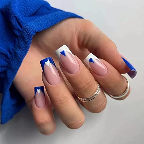 Diduikalor Meduim Press On Nails Coffin, Glue On Nails With Nude And White French Blue Tip, Square Coffin Stick On Nails, Cute Fake Nails Full Cover Acrylic False Nails French Acrylic Nails Press On For Women Girls DIY Nail Manicure（24PCS）