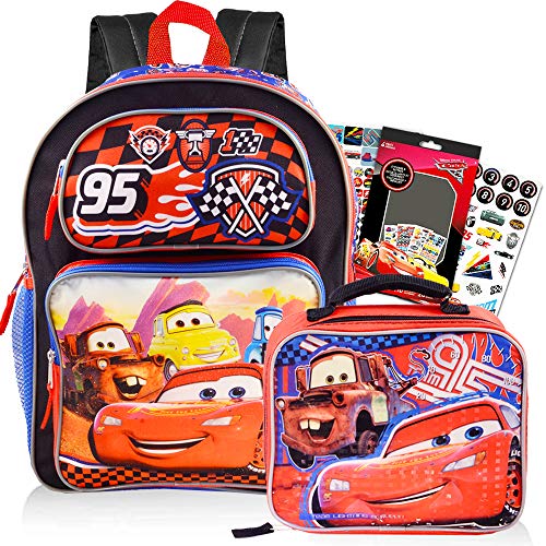 Disney Cars Backpack and Lunch Box School Set for Boys Kids ~ Deluxe 16 Inch Disney Cars School Bag with Insulated Lunch Box and Stickers (Disney Cars School Supplies)