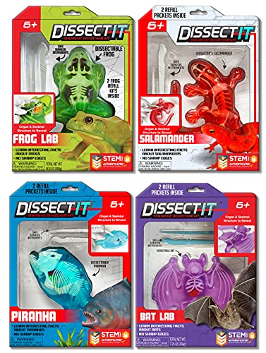 Dissect-It Simulated Synthetic Lab Dissection Toy, STEM Projects for Kids Ages 6+, Animal Science, Biology, Anatomy Home Learning Kits - Complete Set of 4 (Frog, Salamander, Piranha, & Bat)