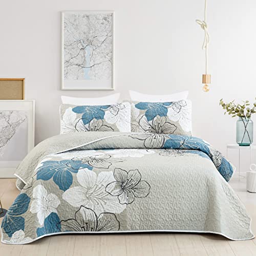 DJY 3 Pieces Quilt Set Queen Floral Pattern Coverlet Elegant Boho Bedspread with 2 Pillow Shams Lightweight Microfiber Bedding All Season (Blue, 90"x96")