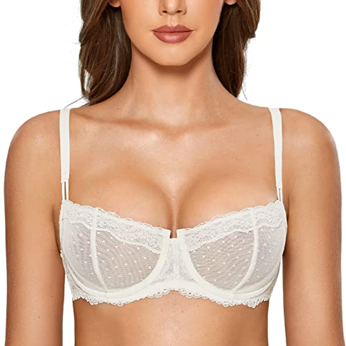 DOBREVA Women's Sexy Lace Bra Underwire Balconette Unlined Demi Sheer Plus Size Ivory 32C