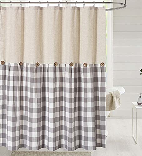 DOSLY IDÉES Linen Button Farmhouse Shower Curtain,Linen and Cotton Fabric,Pleated Gray and White Buffalo Plaid Checked Pattern,Country Style,72x72 in