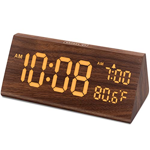 DreamSky Wooden Digital Alarm Clock for Bedroom - 7.7" Electric Clocks with 2 USB Ports, Large Numbers, Temperature, 0-100% Brightness Dimmer, Adjustable Alarm Volume, Snooze, 12/24H