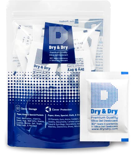 Dry & Dry 5 Gram [50 Packets] Premium Pure and Safe Silica Gel Packets Desiccant Dehumidifiers, Silica Gel Packs - Rechargeable (Food Safe) Moisture Absorbers, Desiccant Packets