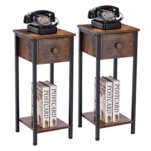 DYHOME End Table Set of 2, Side Table, Nightstand, Telephone Table with Bin Drawer, for Living Room, Bedroom, Easy Assembly, Rustic Brown