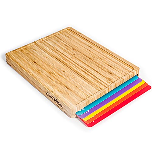 Easy-to-Clean Bamboo Wood Cutting Board Set with 6 Color-Coded Flexible Cutting Mats with Food Icons - Chopping Board Set