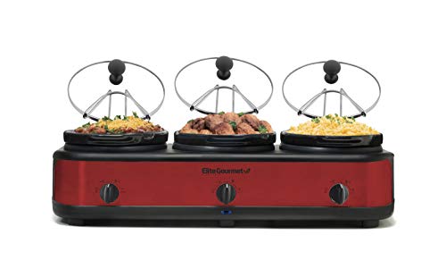 Elite Gourmet EWMST-325R Triple Slow Cooker, Adjustable Temperatures, Oval Ceramic Pots with Lid Rests, 3 x 2.5Qt Capacity, Red