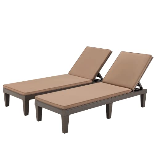 EROMMY Outdoor Chaise Lounge Chairs, Set of 2 All-Weather Patio Loungers with 5-Position Adjustable Backrest & Removable Cushions & Wooden Texture Design, Reclining Chair for Beach, Poolside, Balcony