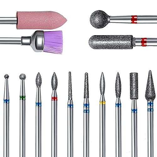 ERUIKA 14pcs Nail Drill Bits Set, Professional Rotary Burrs Diamond Cuticle Remover Bits Kit, 3/32" Electric Manicure Nail File Bit for Acrylic Gel Nails Cuticle Manicure