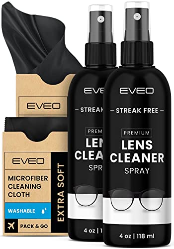 EVEO Eyeglass Cleaner Spray - No Streaks Technology with Microfiber Cleaning Cloth- Glasses Cleaning Kit - Glasses Cleaner Spray with Lens Cleaner Cloth - Screen & Eye Glasses Kit - 8oz (4oz x 2)