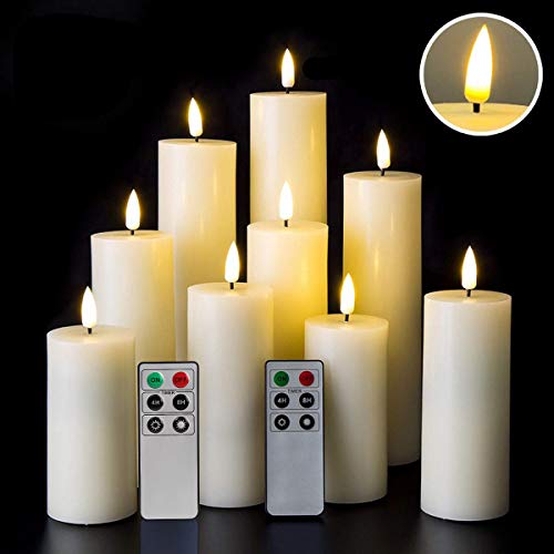 Eywamage Realistic Slim Flameless Pillar Candes with Remote, Flickering Tall LED Battery Fireplace Candles Decor, 9 Pack, ABS+Paraffin Wax + Glass, Ivory D 2in H 4in 5in 6in 7in 8in 9in