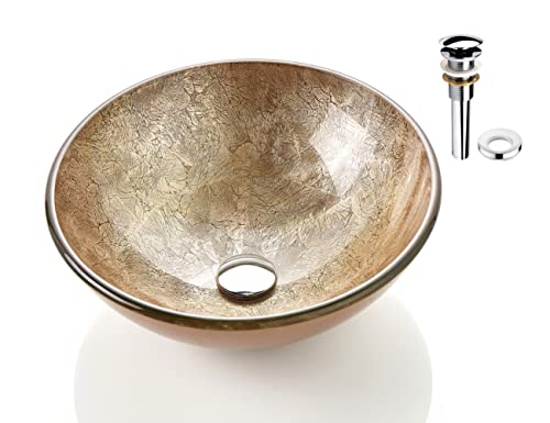 Fanwin Star Honeysuckle Series Round Tempered Deco Glass Vessel Bathroom Sink | Top Mount Sinks Above Countertop |Handicraft Vanity Countertop Sink Bowl with Pop Up Drain |FW-LA603