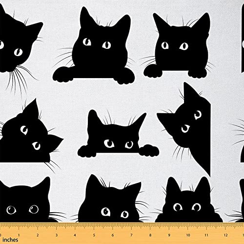 Feelyou Black Cat Outdoor Fabric by The Yard, Cute Kitten Cat Lover Upholstery Fabric for Chairs, Lovely Black Cats Pet Animal Decorative Fabric for Home DIY Projects, 1 Yard, Black White