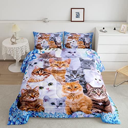 Feelyou Kids Cute Cat Comforter Cartoon Pet Cats Bedding Set for Children Boys Girls Cute Kitten Print Comforter Set Cat Lover's Animal Themed Design Quilt Set Bedroom Collection 2Pcs Twin Size