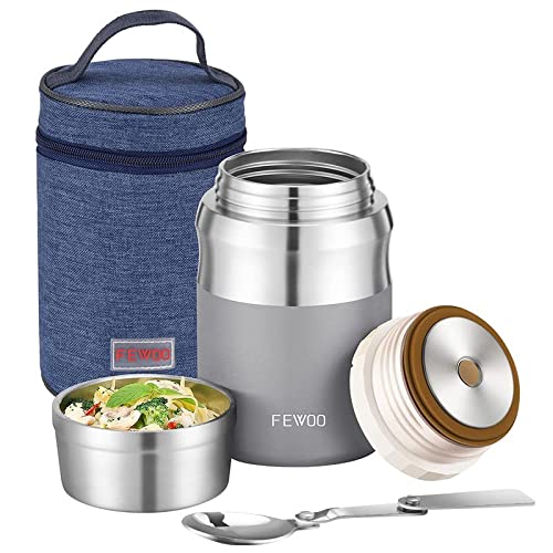 FEWOO Thermos for Hot Food, Vacuum Insulated Soup Containers, 24oz Stainless Steel Lunch Box for Kids Adults, Thermal Food Jar for School Office Travel (Silver)