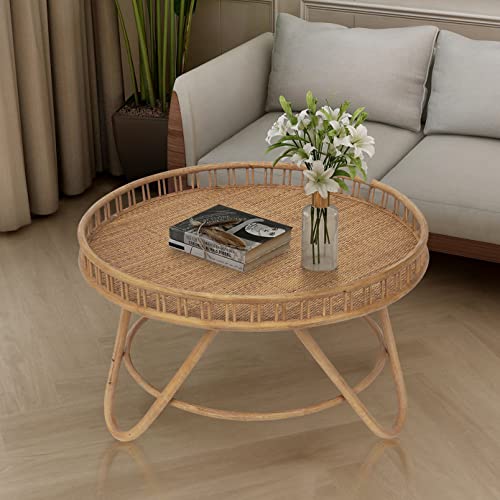 FINECASA Round Rattan Coffee Table, 32x18 '' Wicker Coffee Table, Boho Hand-Woven Rattan Top, Unique Farmhouse Round Tray Top Table, Center Table for Living Room, Round Coffee Table, Natural Wood