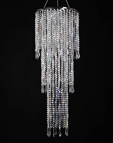 FlavorThings Sparkling Iridescent Acrylic Beaded Hanging Chandelier (W10.25 H30”)，3 Tiers Beads Pendant Shade, Ceiling Chandelier Lampshade with Acrylic Jewel Droplets, Beaded Lampshade