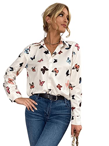 Floerns Women's Satin Long Sleeve Button Up Blouse Work Office Silky Shirts Tops White Butterfly XL