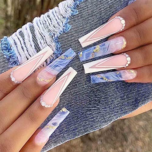 Foccna Blue Press on Nails Acrylic Long French Fake Nails Tips-White Acrylic False Nails Coffin Glossy Daily Wear Artificail Nails for Nail Art Manicure Decoration(24Pcs)