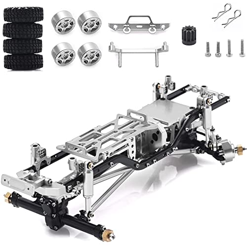 Frame Kit for Axial SCX24 AXI90081 RC Crawler Car Chassis Frame 1/24 RC Car Assembled Body Accessories Upgrades Parts CNC Machining with Wheel Hub- Silver