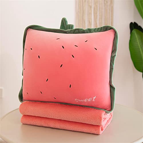 Giapow Travel Blanket and Pillow Set, 3-in-1 Cute Plush Fruit Stuffed Hugging Pillow with Warming Hands on Both Sides,Travel Blanket Suit for Airplane Train Travel,Camping or Office(Watermelon)