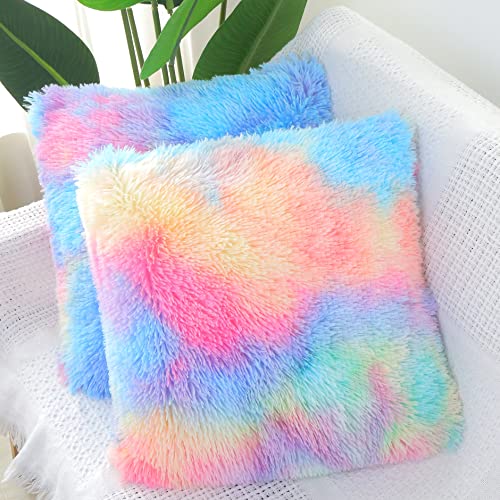 Girl Room Decor Fluffy Pillows for Bed Soft Faux Fur Throw Pillow Cover Rainbow Pink Sofa Cute Decorative Cushion Case Set of 2pcs Square 16x16 Plush Fuzzy Bedroom Throw Couch Pillowcase Dongchen