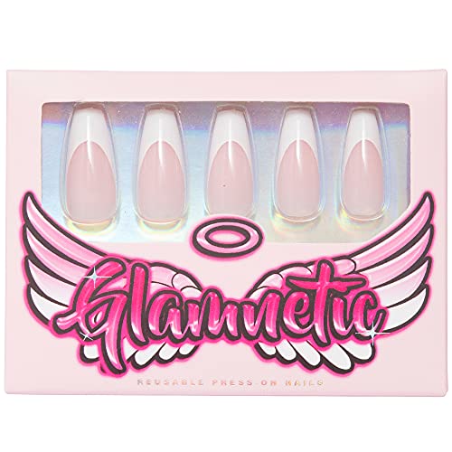 Glamnetic Press On Nails - So Classy | Glossy UV Finish French Tip Nails Long Coffin Shape, Reusable Semi-Transparent Nails in 12 Sizes - 30 Nail Kit with Glue