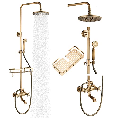 Gmusre Antique Brass Shower Fixture Bathroom Shower Faucet Set 8 Inch Rainfall Shower Head Handled Shower Waterfall Tub Spout Wall Mounted Outdoor Shower System with Shower Shelf