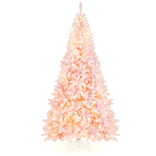 Goplus 7.5ft Pink Pre-Lit Christmas Tree, Hinged Artificial Snow Flocked Xmas Tree with 1100 PVC Branch Tips, 450 LED Lights, 8 Lighting Modes, for Indoor Home School Carnival Decoration