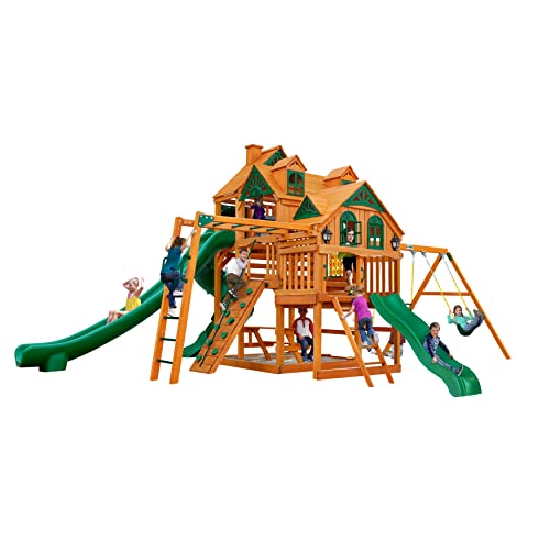 Gorilla Playsets 01-0089-AP Empire Wood Swing Set with 3 Play Decks, 3 Slides, and Monkey Bars, Brown