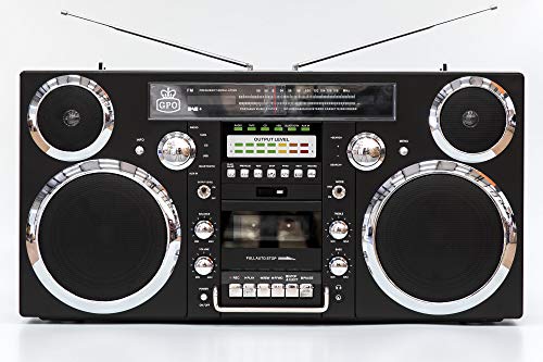 GPO Brooklyn 1980S-Style Portable Boombox - CD Player, Cassette Player, FM Radio, USB, Wireless Bluetooth Speaker - Black