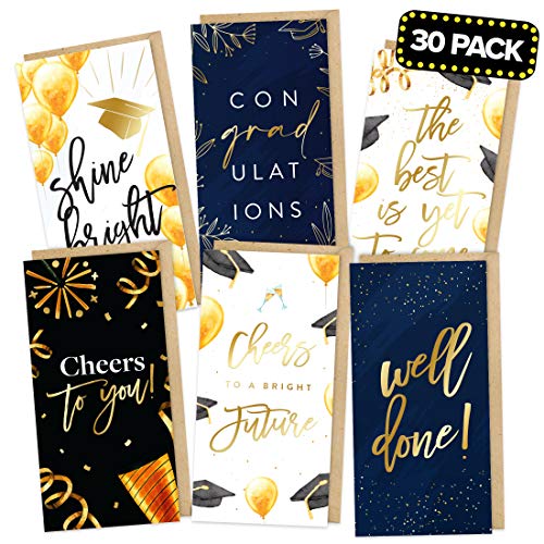 Graduation Cards 2023 Pack of Money Holder Cards - Bulk 30 Pack with Gold Foil and Envelopes - Gift Card Holder Pack College & High School Graduation Gifts Party Supplies - Black, Blue & Gold Designs