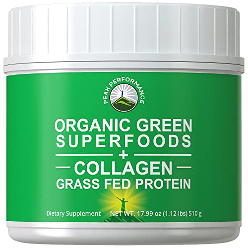 Greens Superfood + Grass Fed Collagen Peptides Powder - Ultimate Blend of Best Tasting Green Superfood with Pure Pasture Raised Hydrolyzed Protein Powder for Skin Hair + Joint Health