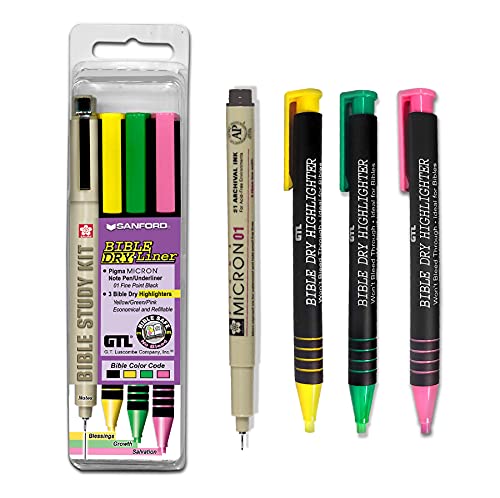 G.T. Luscombe Company, Inc. Bible Dry-Liner Study Kit | Bible Safe No Bleed Pigmented Ink | No Smearing or Fading | 01 Black Pigma Micron, Bible Dry Refillable Highlighters Yellow, Green, Pink (Set of 4)