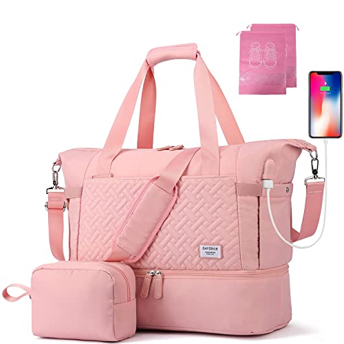 Gym Bag for Women, Sports Duffel Bag with USB Charging Port, Dance Bag with Shoes Compartment, Weekender Bag for Travel, Gym, Yoga, School（Pink）