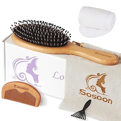 Hair Brush, 100% Boar Bristle Hair Brush Set for Women Men Kids Long Short Straight Curly Wavy Thick Thin Fine Dry Wet Oily Hair Adds Shine Detangles Knots and Makes Hair Smooth