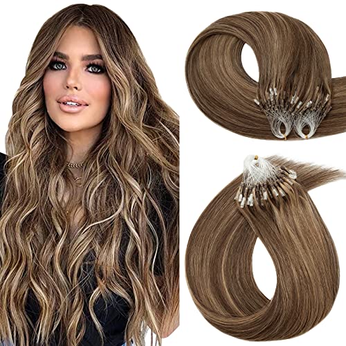 Hairro Micro Loop Ring Human Hair Extensions Micro Link Micro Beads Remy Hair Balayage Highlights Keratin I Tip Pre Bonded Weft Virgin Hair 20 inch 50g 100 Strands #4P27 Medium Brown mix Dark Blonde