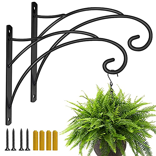 Hanging Plant Brackets, Pack of 2 Iron Hanging Basket Bracket Durable Weather-Resistant Outdoor Plant Hooks for Hanging Plant Lantern Windchime Birdhouse Metal Sign Fruit Bracket, Screw Included