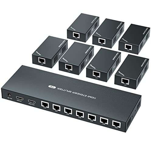 HDMI Extender Splitter 1x7 1080P@60Hz Over Cat 5E/6/7 Ethernet Cable 50m (164ft) Support HDMI loopout EDID Copy POC Function (1 in 7 Out), Monitor