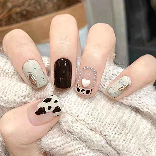 Heart Press on Nails Short Square Shape Fake Nails 3D Stereoscopic White Hearts Cow Stripe Tea Brown Design with Pearls Acrylic Nails Glossy False Nails Kit Full Cover Nails Daily Wear 12 Size 24 Pcs