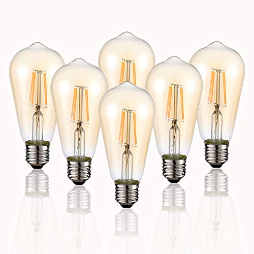 HESSION Vintage Edison LED Bulb, 6-Pack ST58 E26 Base 40 Watt Equivalent, Warm White 2200K-2700K, Antique Vintage Style Light, Squirrel Cage Filament Edison Light Bulbs Amber Glass, Dimmable