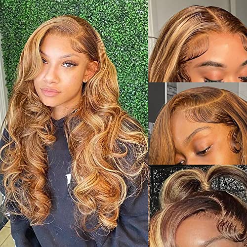 Highlight Ombre Lace Front Wigs Human Hair Pre Plucked with Baby Hair 13x4 Body Wave Frontal Wigs Human Hair 150% Density 4/27 Colored Honey Blonde Lace Front Wig Human Hair for Black Women 22 Inch