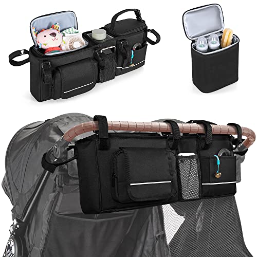 HODRANT Double Stroller Organizer with Detachable Cooler & Cup Holder, Caddy Compatible with Baby Jogger City Mini GT2 Double Stroller, Double Stroller Parent Console Compatible with BOB Duallie