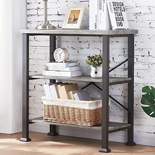 HOMBAZAAR Bookshelf, 3-Tier Vintage Industrial Book Shelf, Rustic Wood and Metal Bookcase and Bookshelves, Free Standing Storage Small Bookshelf for Living Room, Bedroom and Kitchen, Grey Oak